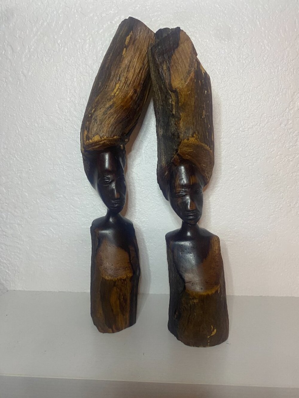 Hand Carved Wood African Tribal Bust Sculptures Pair 13in Kenya Home Decor Art